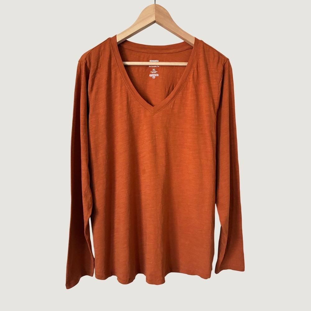 Sonoma Goods For Life‎ The Everyday Tee Burnt Orange Rust V-Neck Long Sleeve XL